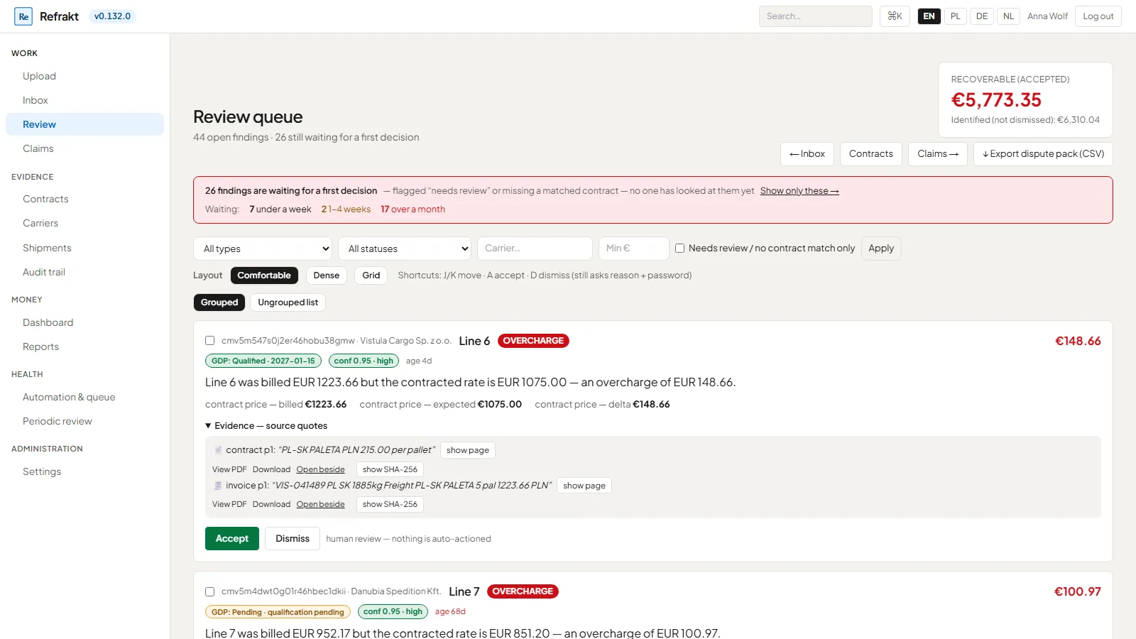 Kolejka przeglądu — rozbieżność z cytatem z umowy i z faktury, które recenzent akceptuje albo odrzuca; nic nie dzieje się automatycznie (dane przykładowe)