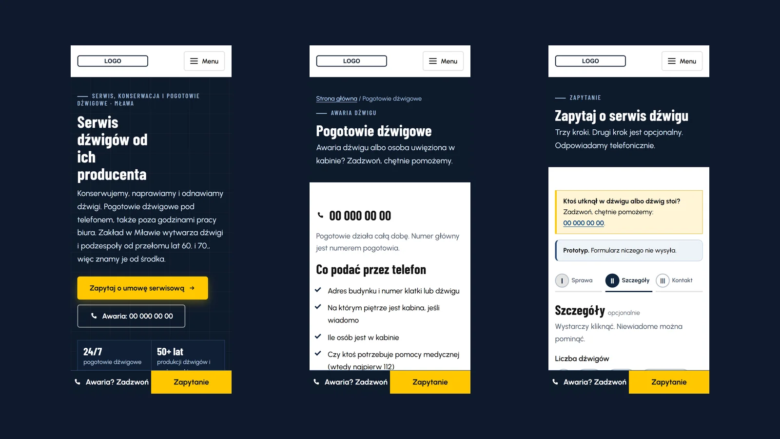 Wersja mobilna — stały dolny pasek z przyciskami „Awaria? Zadzwoń” i „Zapytanie” na każdej podstronie